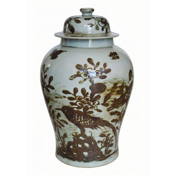 Legend of Asia Home Decor Dali Rustic Brown Flower Bird Porcelain Temple Jar Medium