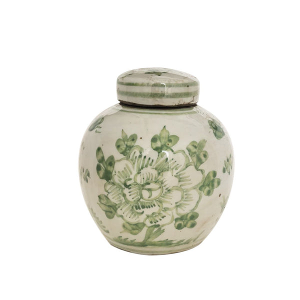 Legend of Asia Home Decor Green & White Porcelain Mini Jar Peony Motif