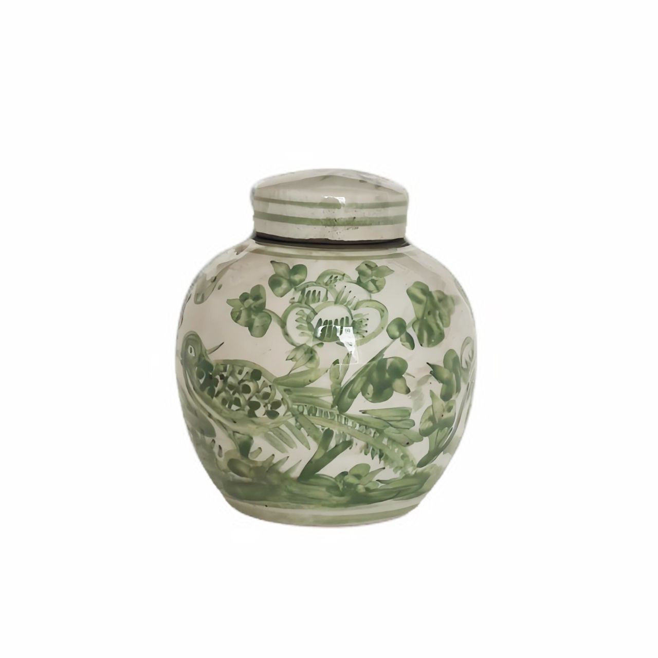 Legend of Asia Home Decor Green & White Porcelain Mini Jar.. Pheasant Flower Motif