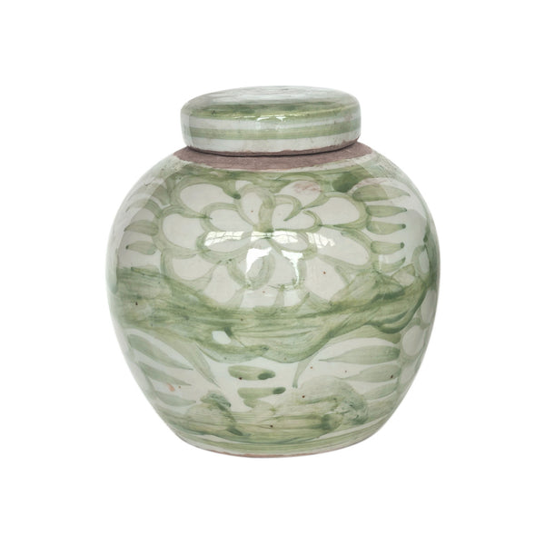 Legend of Asia Home Decor Green & White Porcelain Mini Jar Sea Flower Motif