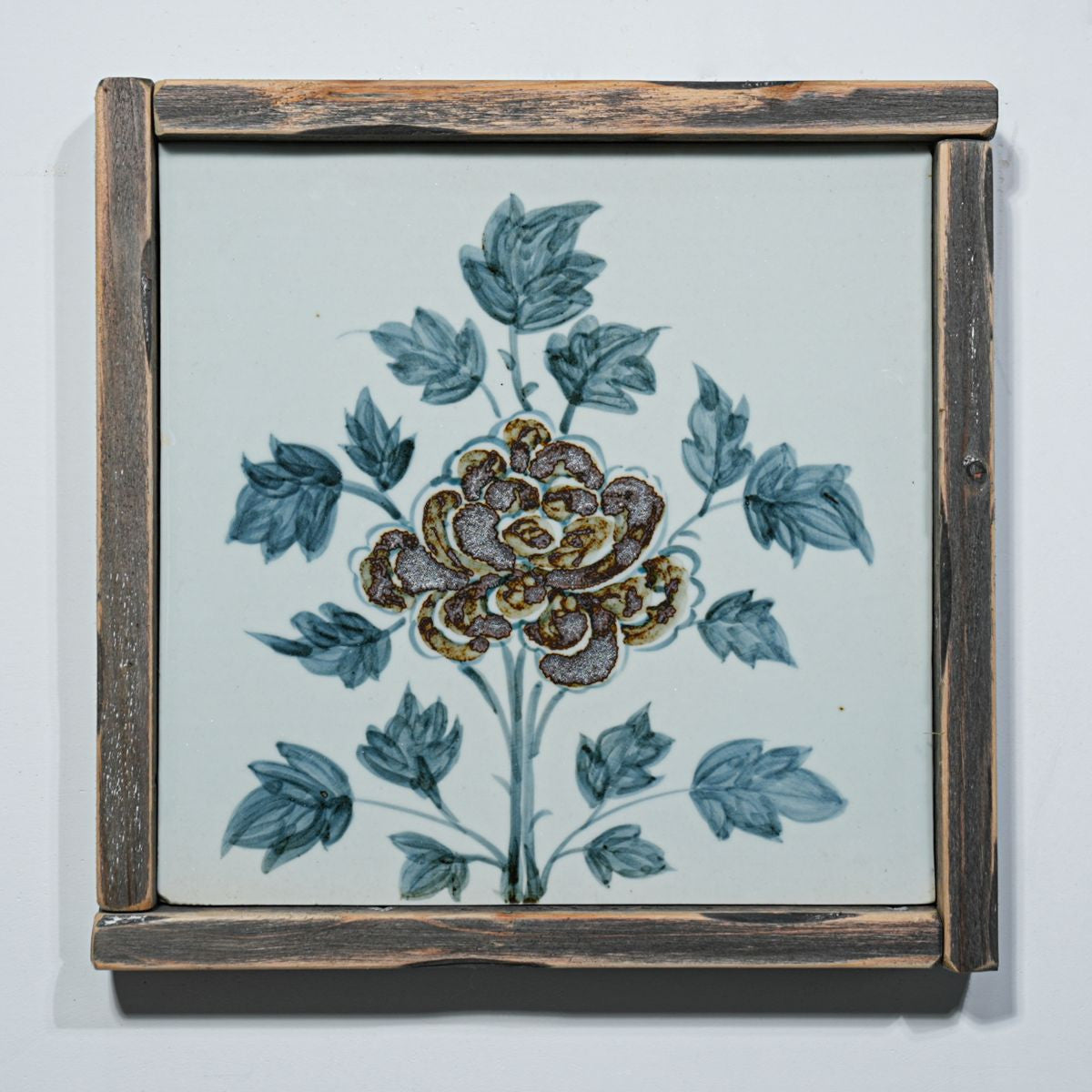 Legend of Asia Home Decor Hand Painted Blue & White Brown Porcelain Tile Peony Blossom - Framed /12F02A