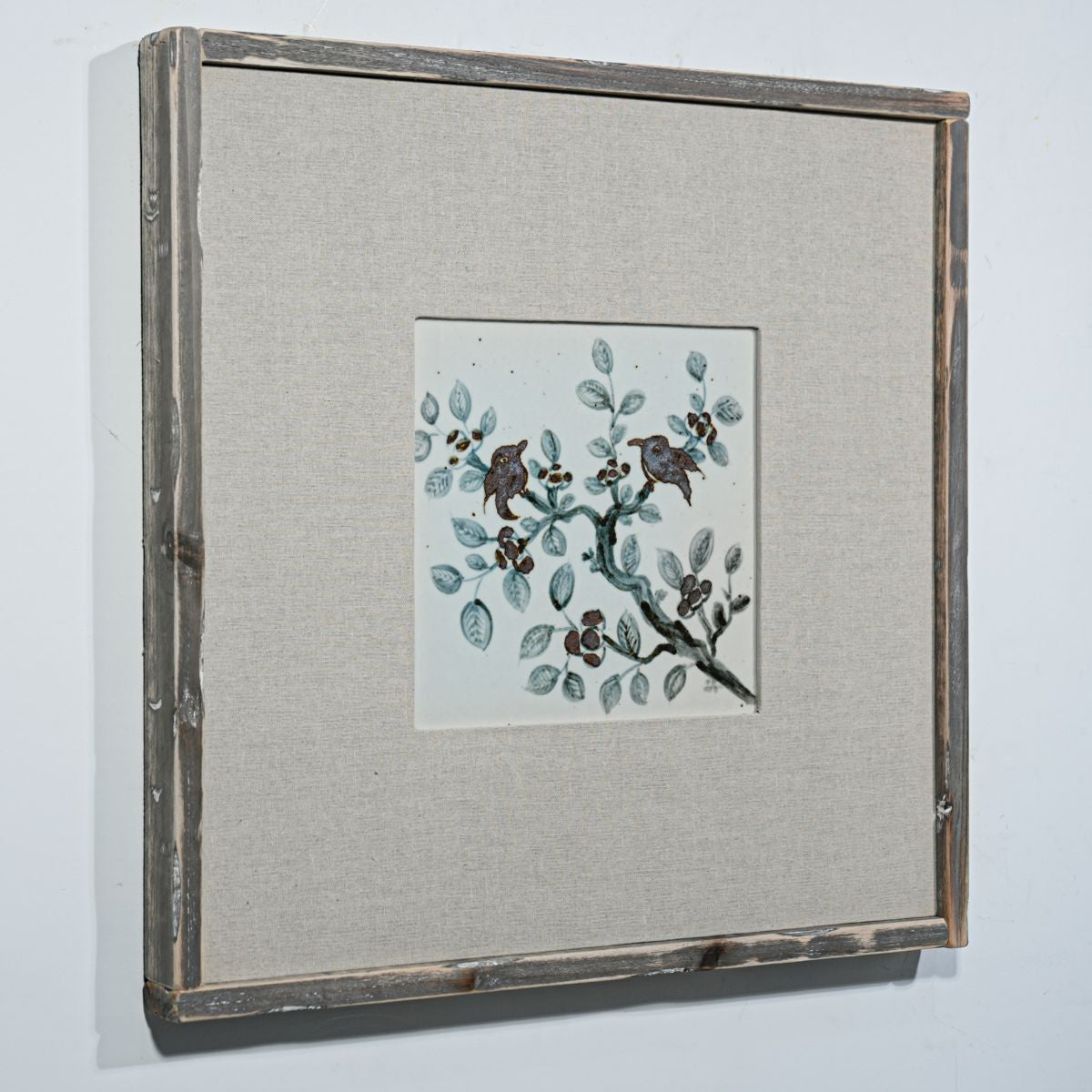 Legend of Asia Home Decor Hand Painted Blue & White Brown Porcelain Tile Sparrows on Branches - Framed /12F02