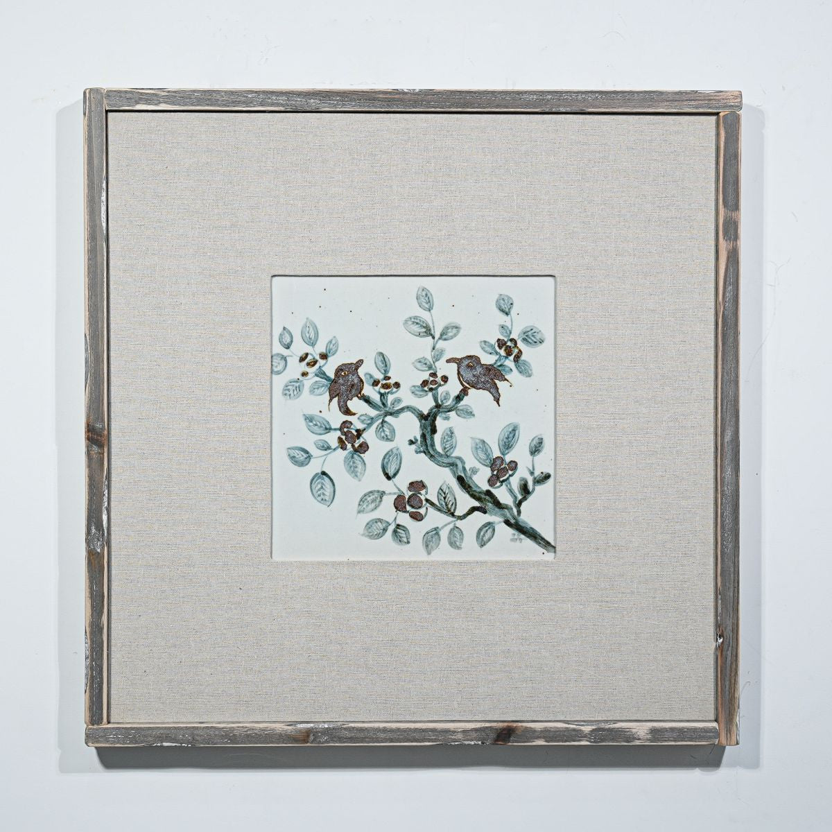 Legend of Asia Home Decor Hand Painted Blue & White Brown Porcelain Tile Sparrows on Branches - Framed /12F02
