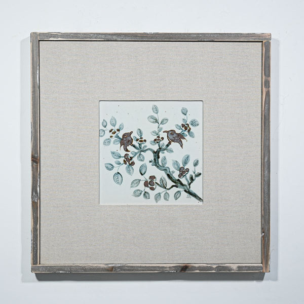 Legend of Asia Home Decor Hand Painted Blue & White Brown Porcelain Tile Sparrows on Branches - Framed /12F02