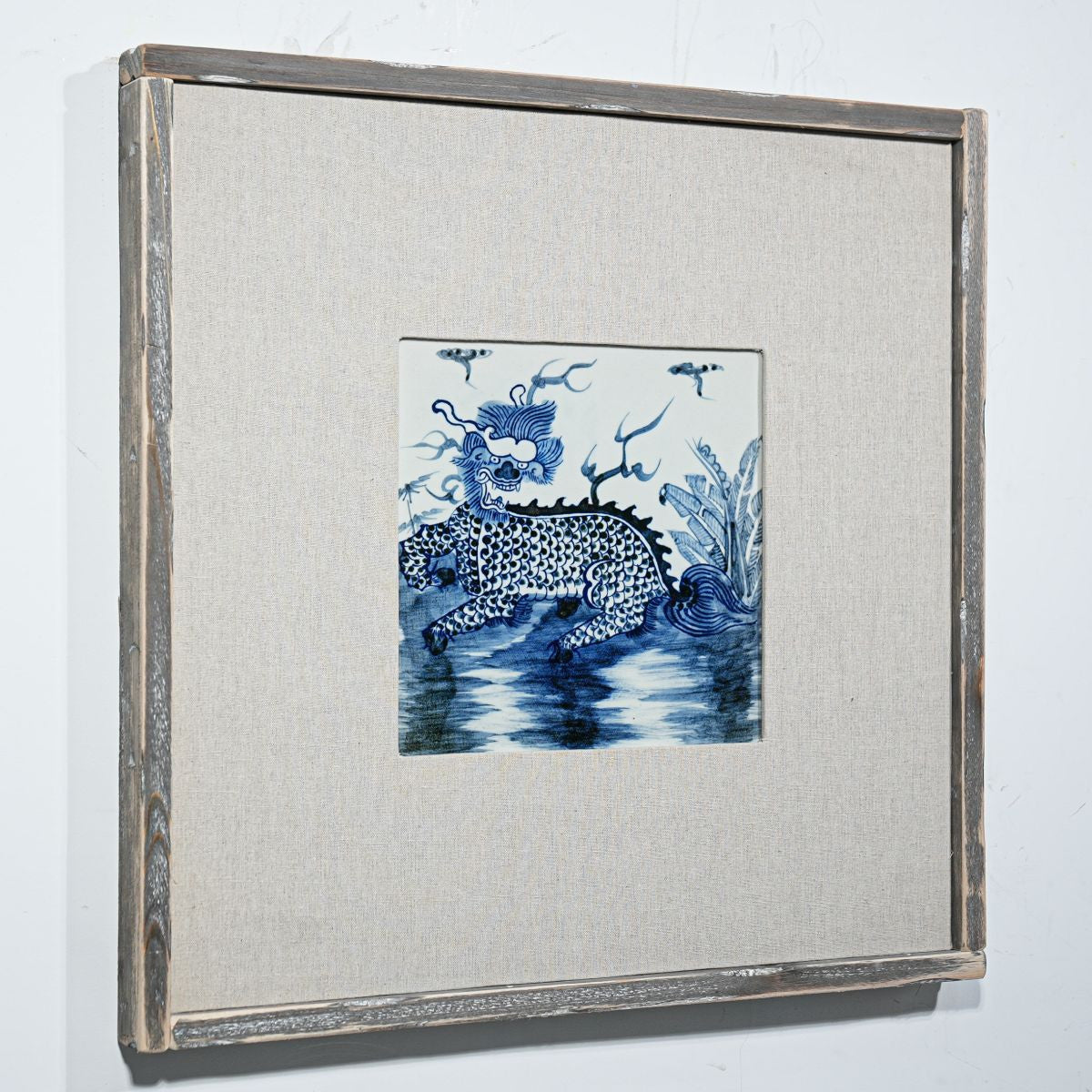 Legend of Asia Home Decor Hand Painted Blue & White Porcelain Tile Kirin Motif - Framed /12F02