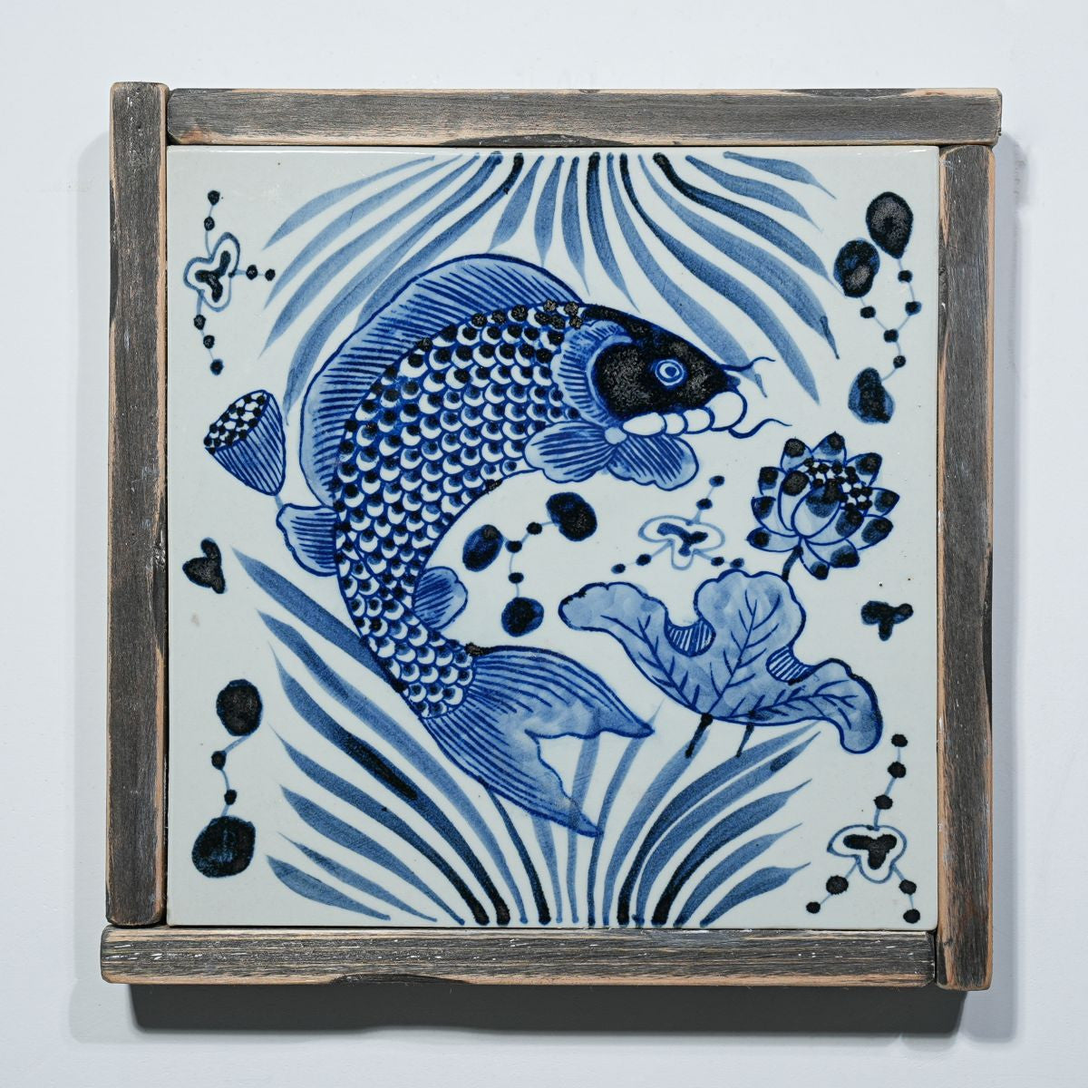 Legend of Asia Home Decor Hand Painted Blue & White Porcelain Tile Koi Lotus - Framed /12F02A