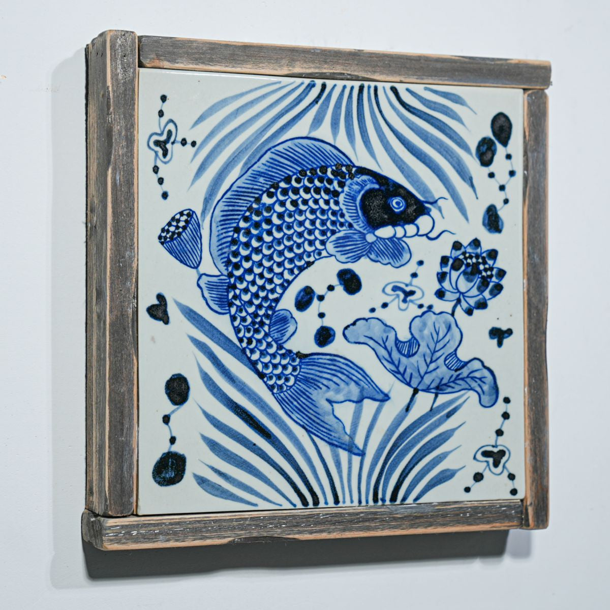 Legend of Asia Home Decor Hand Painted Blue & White Porcelain Tile Koi Lotus - Framed /12F02A
