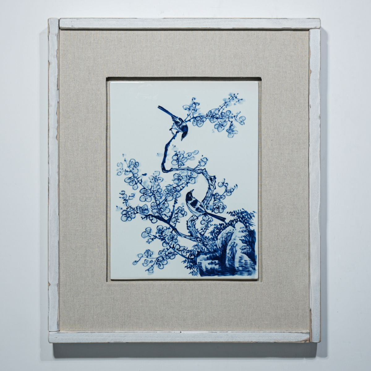 Legend of Asia Home Decor Hand Painted Blue & White Porcelain Tile Magpie Plum Blossom - Framed /24F02