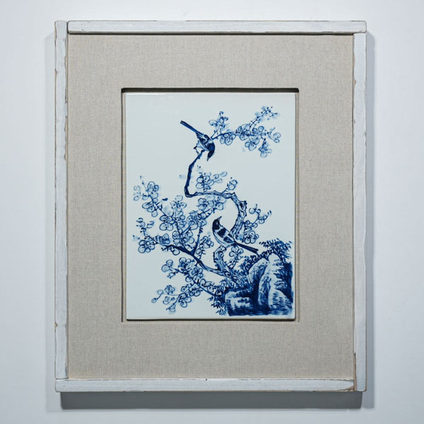 Legend of Asia Home Decor Hand Painted Blue & White Porcelain Tile Magpie Plum Blossom - Framed /24F02