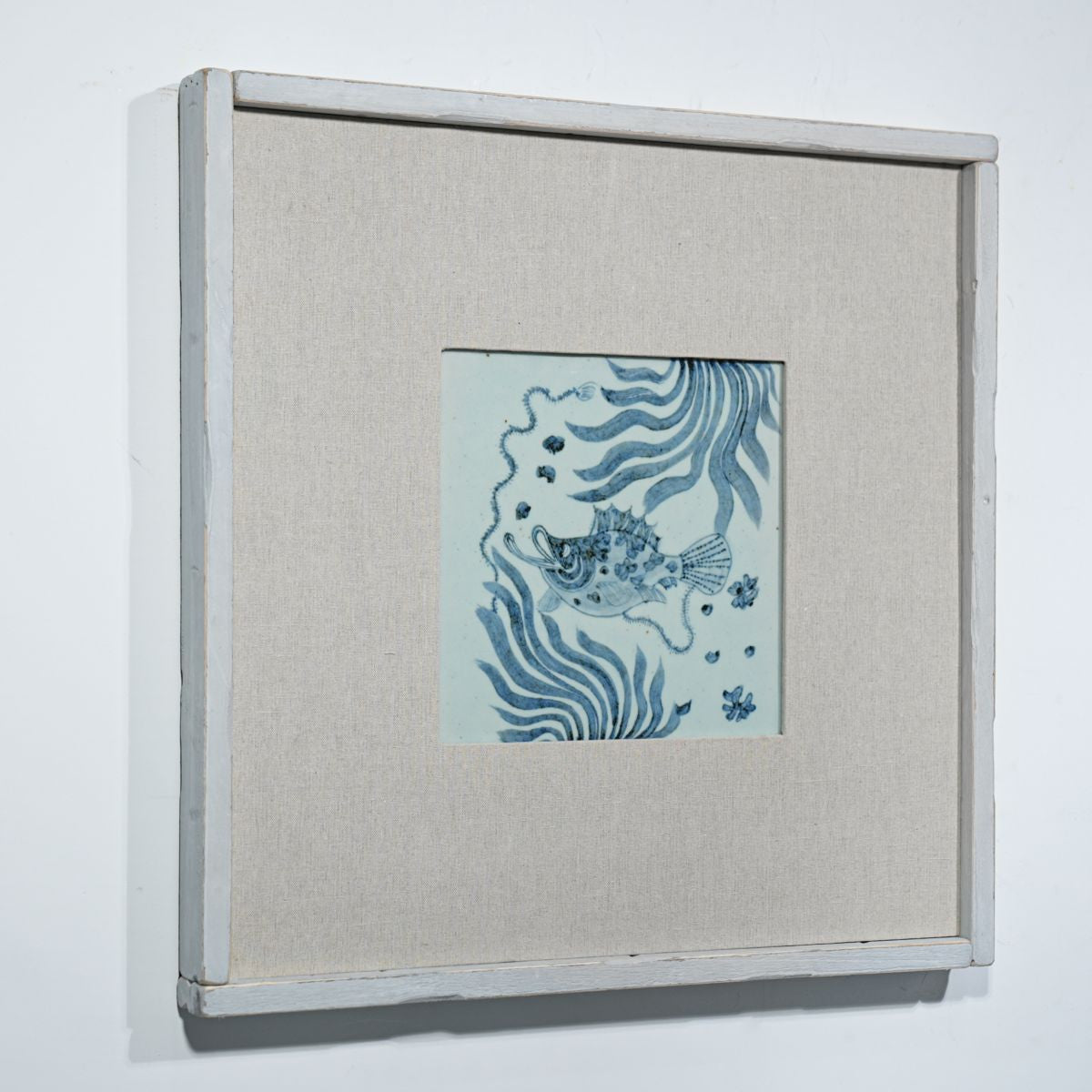 Legend of Asia Home Decor Hand Painted Blue & White Porcelain Tile Puffer Fish - Framed /12F01