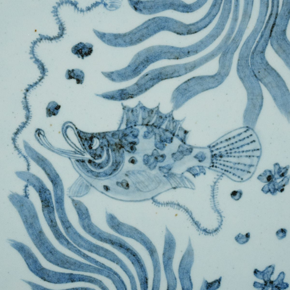 Legend of Asia Home Decor Hand Painted Blue & White Porcelain Tile Puffer Fish - Framed /12F01