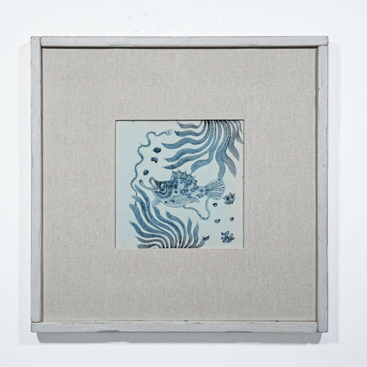 Legend of Asia Home Decor Hand Painted Blue & White Porcelain Tile Puffer Fish - Framed /12F01