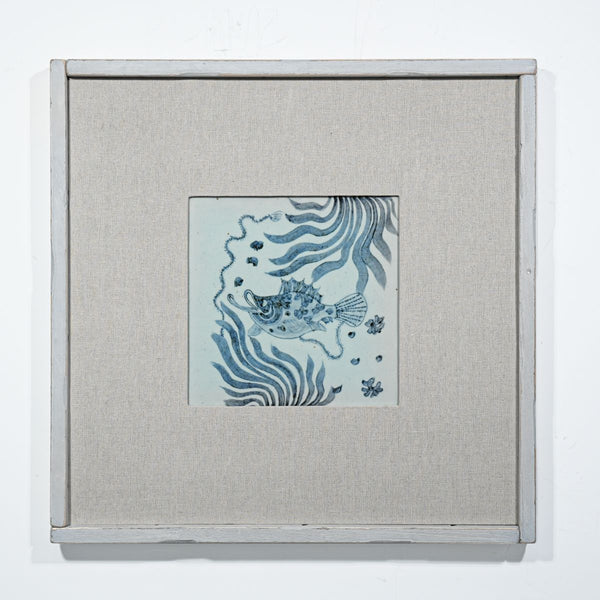 Legend of Asia Home Decor Hand Painted Blue & White Porcelain Tile Puffer Fish - Framed /12F01