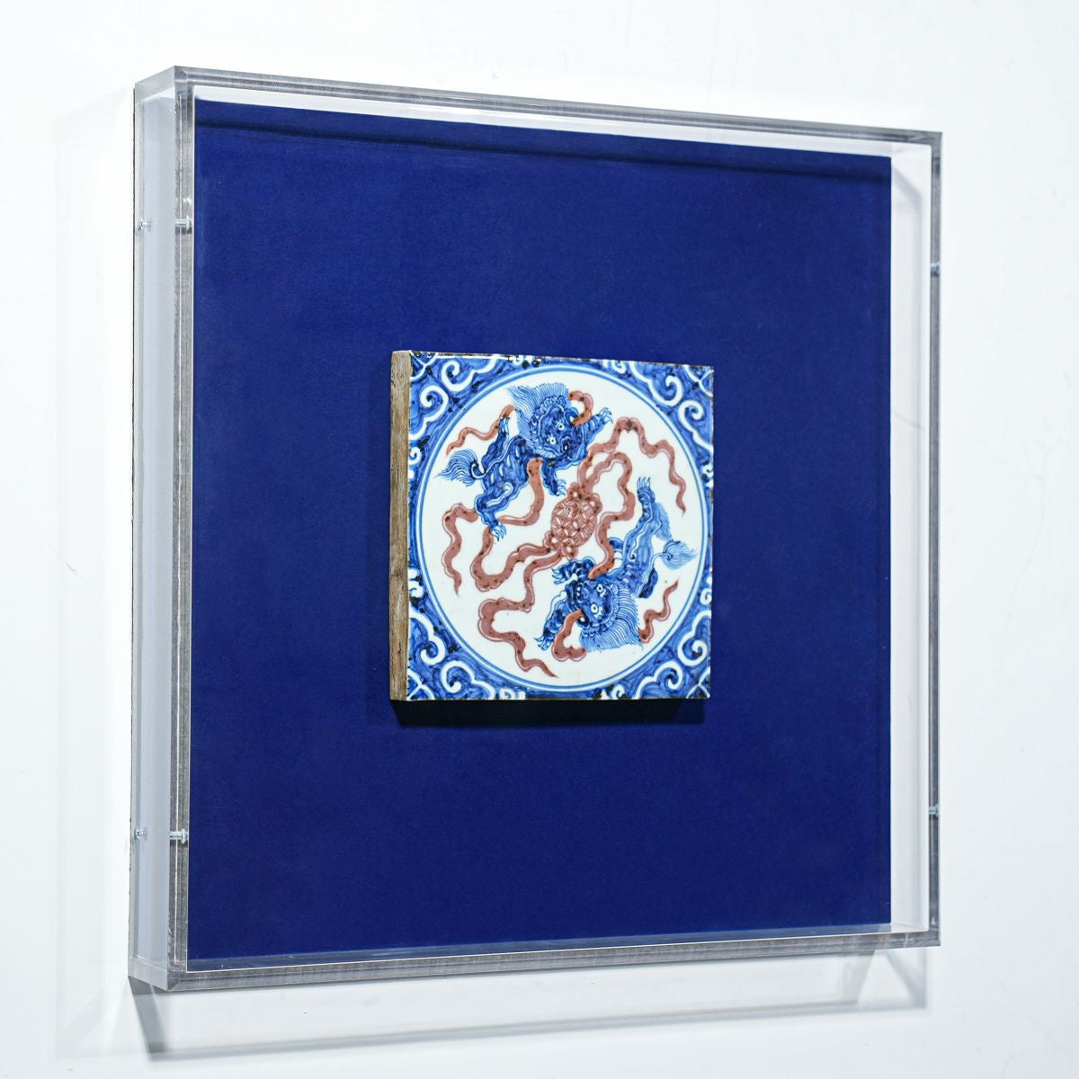 Legend of Asia Home Decor Handpainted Antique Reproduction Porcelain Tile Dancing Lions - Acrylic Shadow Box /S06