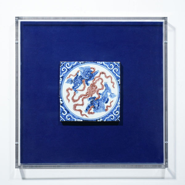 Legend of Asia Home Decor Handpainted Antique Reproduction Porcelain Tile Dancing Lions - Acrylic Shadow Box /S06