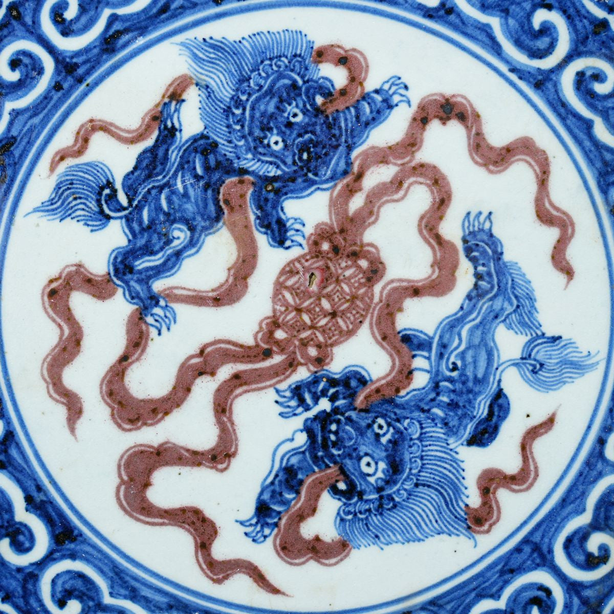 Legend of Asia Home Decor Handpainted Antique Reproduction Porcelain Tile Dancing Lions - Acrylic Shadow Box /S06