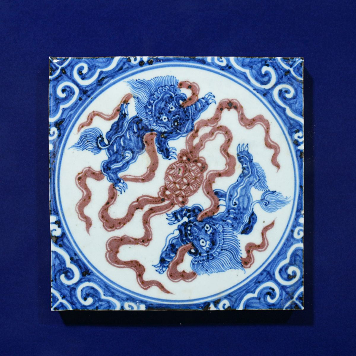 Legend of Asia Home Decor Handpainted Antique Reproduction Porcelain Tile Dancing Lions - Acrylic Shadow Box /S06