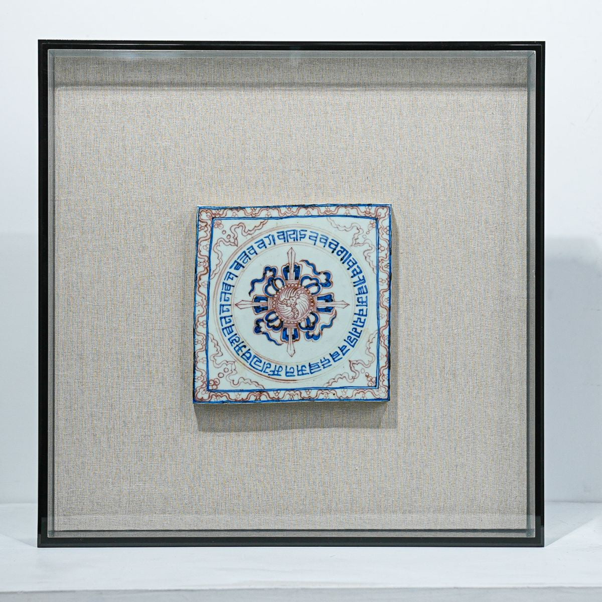 Legend of Asia Home Decor Handpainted Antique Reproduction Porcelain Tile Tibetan Dharma Wheel - Acrylic Shadow Box /S07