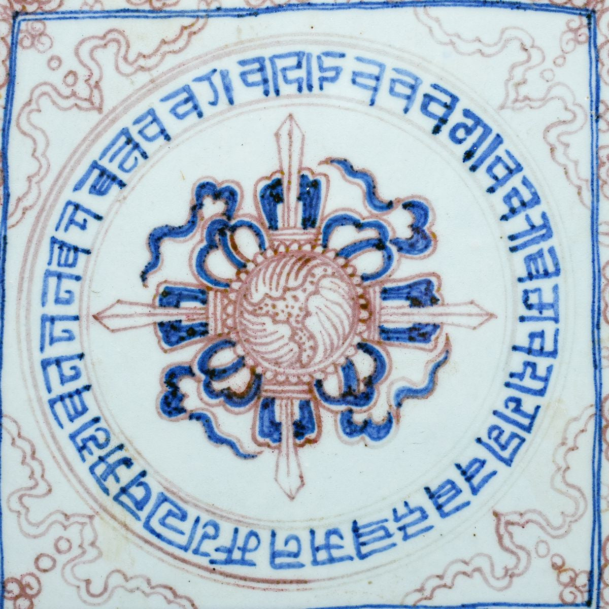 Legend of Asia Home Decor Handpainted Antique Reproduction Porcelain Tile Tibetan Dharma Wheel - Acrylic Shadow Box /S07