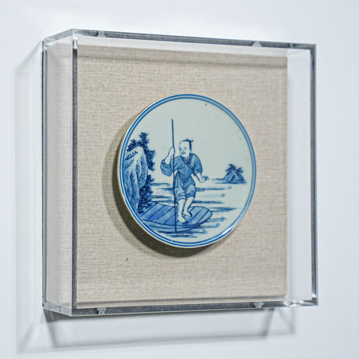 Legend of Asia Home Decor Handpainted Blue & White Porcelain Coaster Boatman - Acrylic Shadow Box /S59