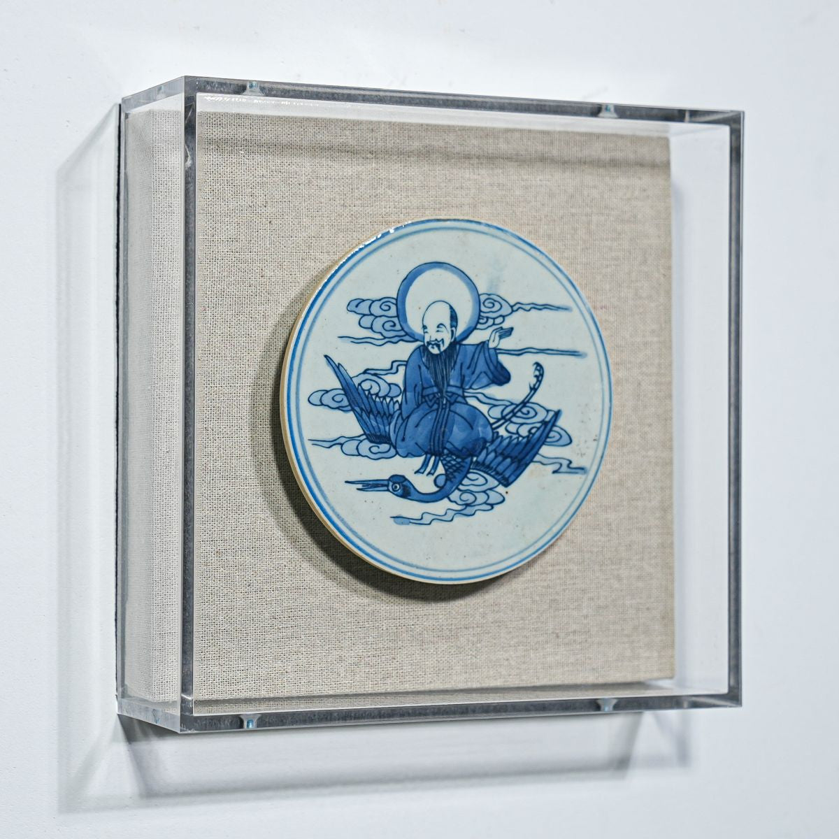 Legend of Asia Home Decor Handpainted Blue & White Porcelain Coaster Immortal Riding Crane - Acrylic Shadow Box /S59
