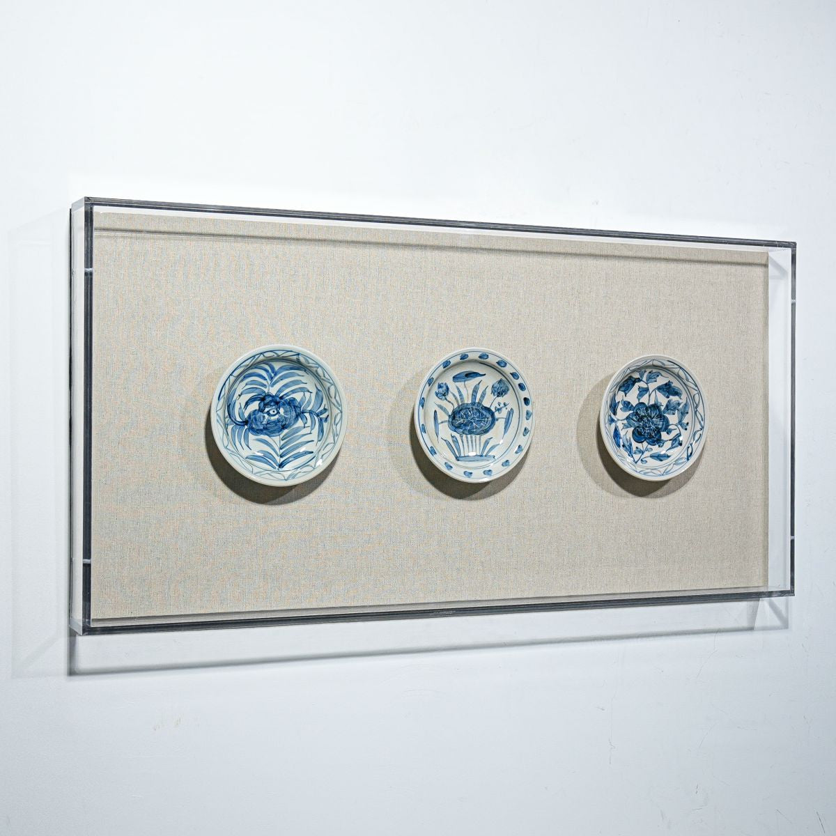 Legend of Asia Home Decor Handpainted Blue & White Porcelain Flower Plates Set of 3 - Acrylic Shadow Box /S09