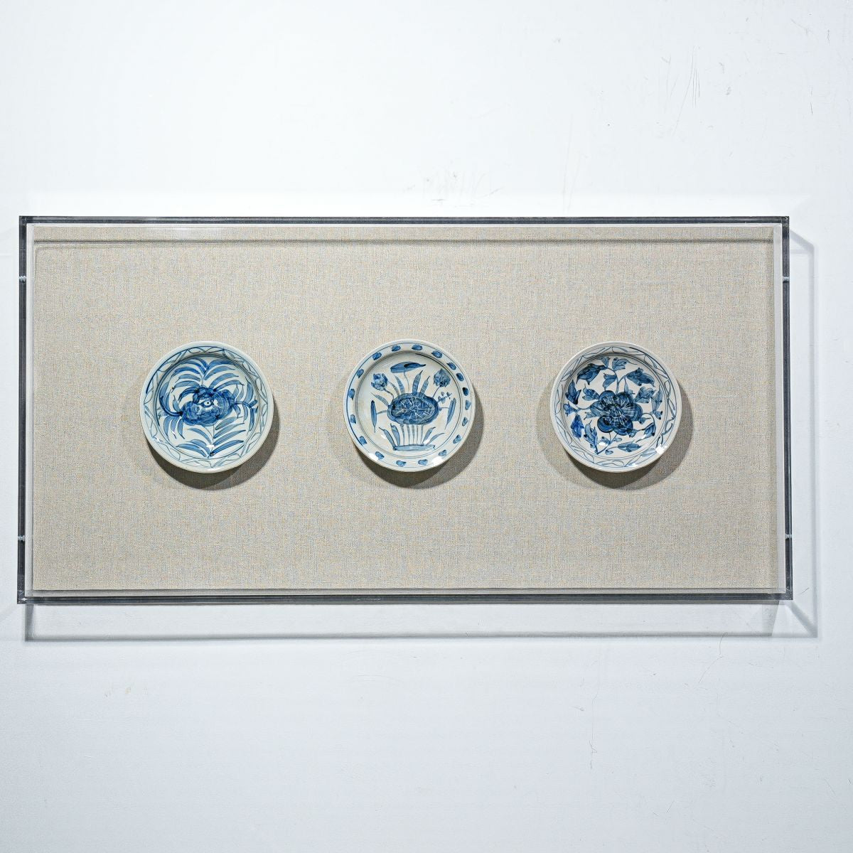 Legend of Asia Home Decor Handpainted Blue & White Porcelain Flower Plates Set of 3 - Acrylic Shadow Box /S09