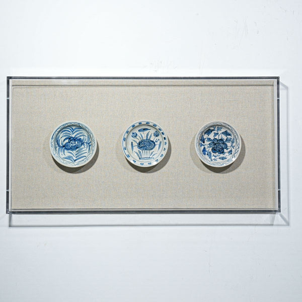 Legend of Asia Home Decor Handpainted Blue & White Porcelain Flower Plates Set of 3 - Acrylic Shadow Box /S09