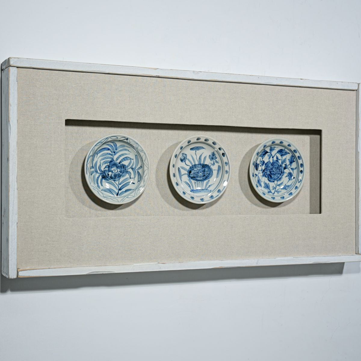 Legend of Asia Home Decor Handpainted Blue & White Porcelain Flower Plates Set of 3 - Wooden Shadow Box /S10