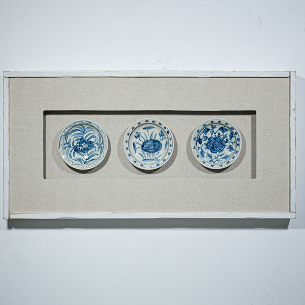 Legend of Asia Home Decor Handpainted Blue & White Porcelain Flower Plates Set of 3 - Wooden Shadow Box /S10