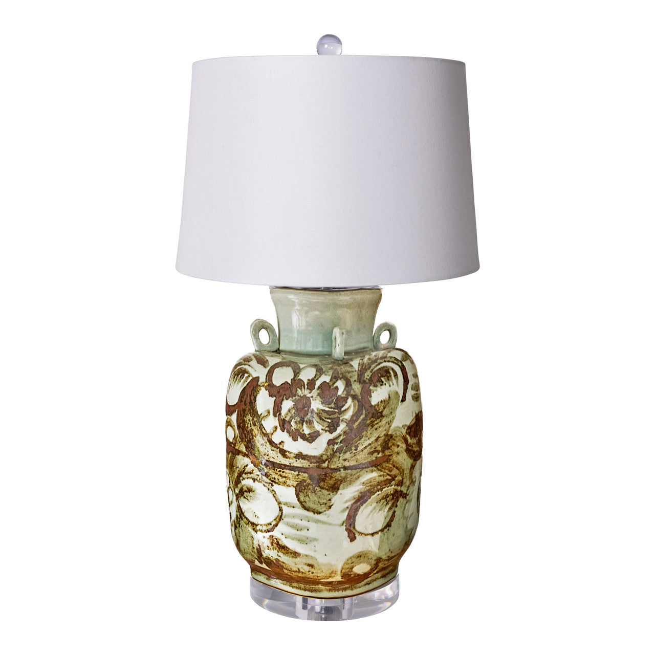 Legend of Asia Lighting Lamp of Barclay Butera Couture Rustic Brown & White.. Porcelain Ear Loop Jar Silla Flower w/ Acr...