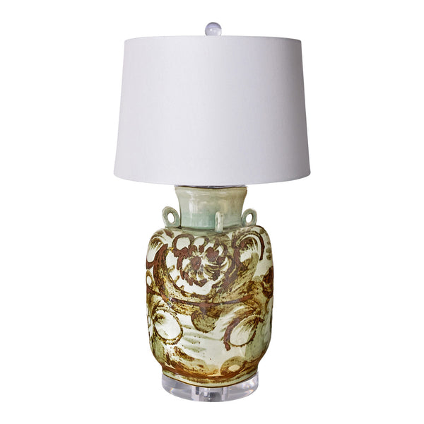 Legend of Asia Lighting Lamp of Barclay Butera Couture Rustic Brown & White.. Porcelain Ear Loop Jar Silla Flower w/ Acr...