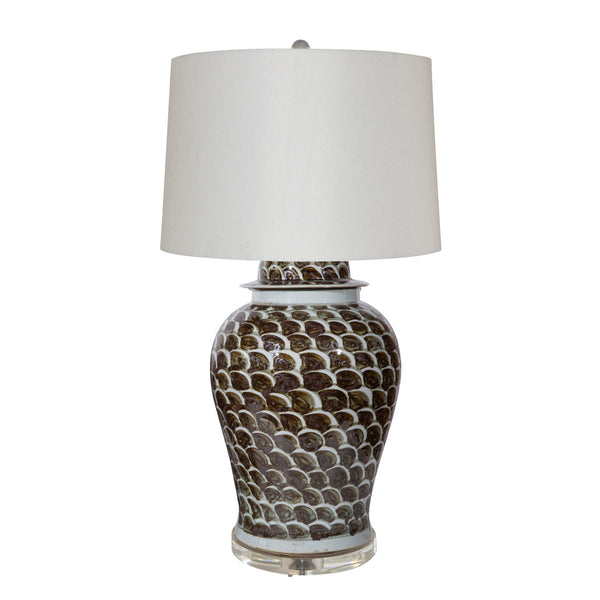 Legend of Asia Lighting Large Rusty Brown Fish Scale Temple Jar Table Lamp Acrylic Base