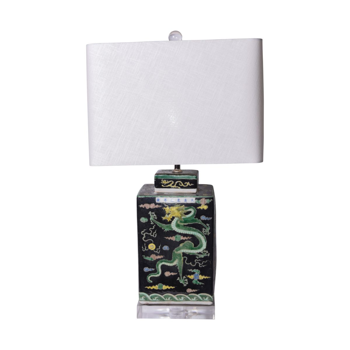 Legend of Asia Lighting Legend of Asia Black Square Tea Jar Dragon Motif Lamp