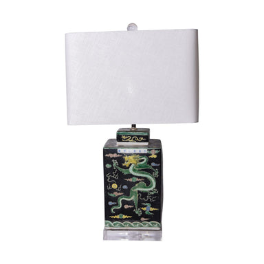 Legend of Asia Lighting Legend of Asia Black Square Tea Jar Dragon Motif Lamp