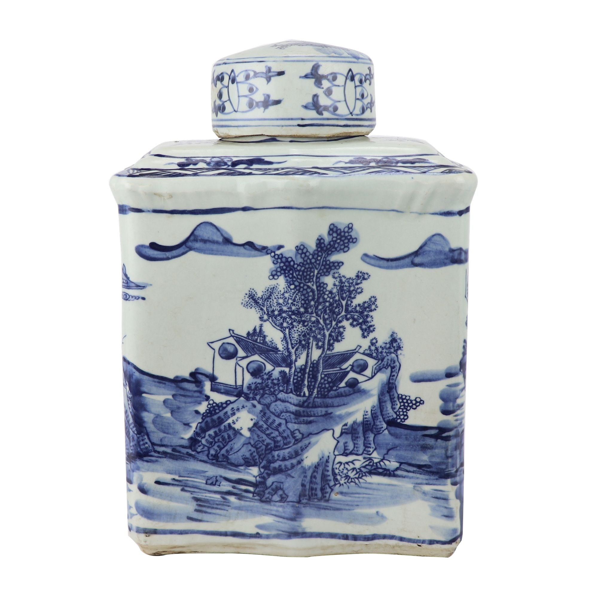 Legend of Asia Home Legend of Asia Blue And White Curved Tea Jar Landscape Motif