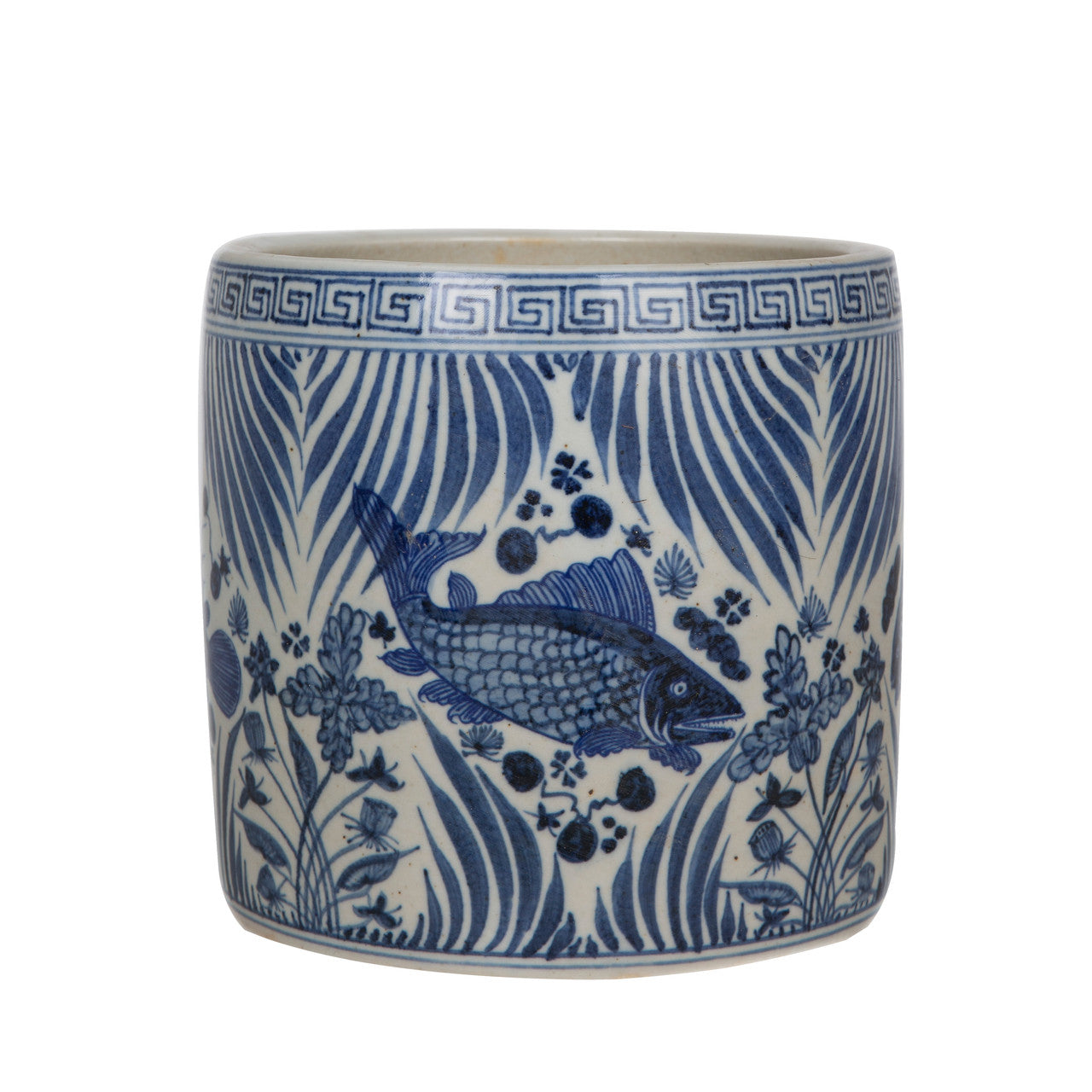 Legend of Asia Giftware Legend of Asia Blue And White Fish Lotus Greek Key Cachepot