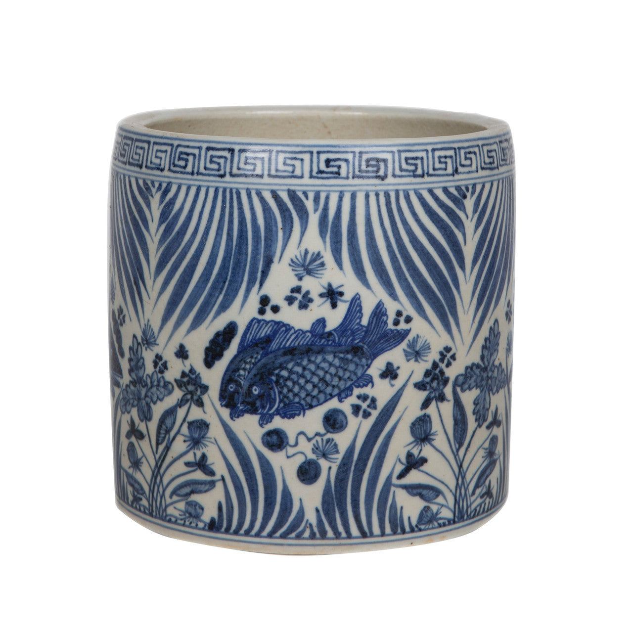 Legend of Asia Giftware Legend of Asia Blue And White Fish Lotus Greek Key Cachepot