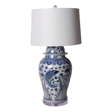 Legend of Asia Lighting Legend of Asia Blue And White Fish Temple Jar Table Lamp