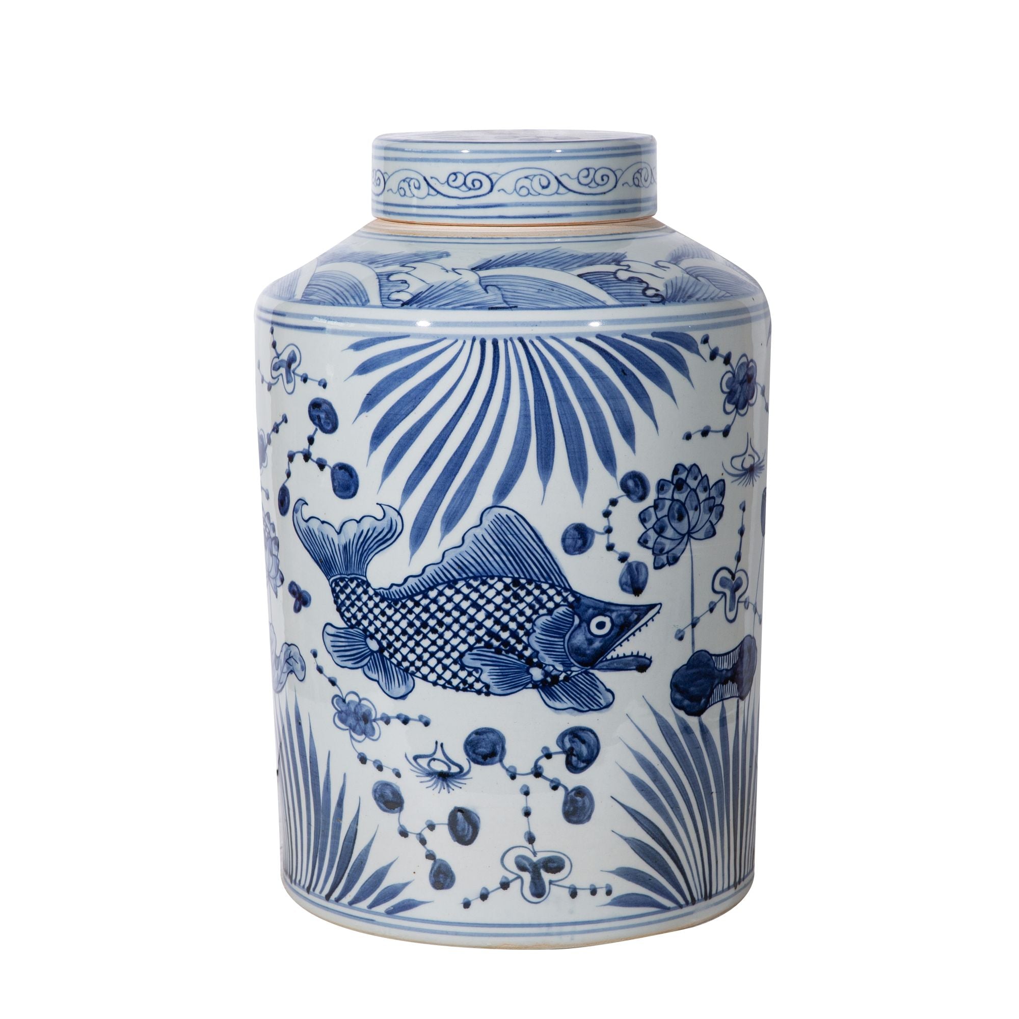 Legend of Asia Home Decor Legend of Asia Blue and White Large Tea Jar Fish Motif