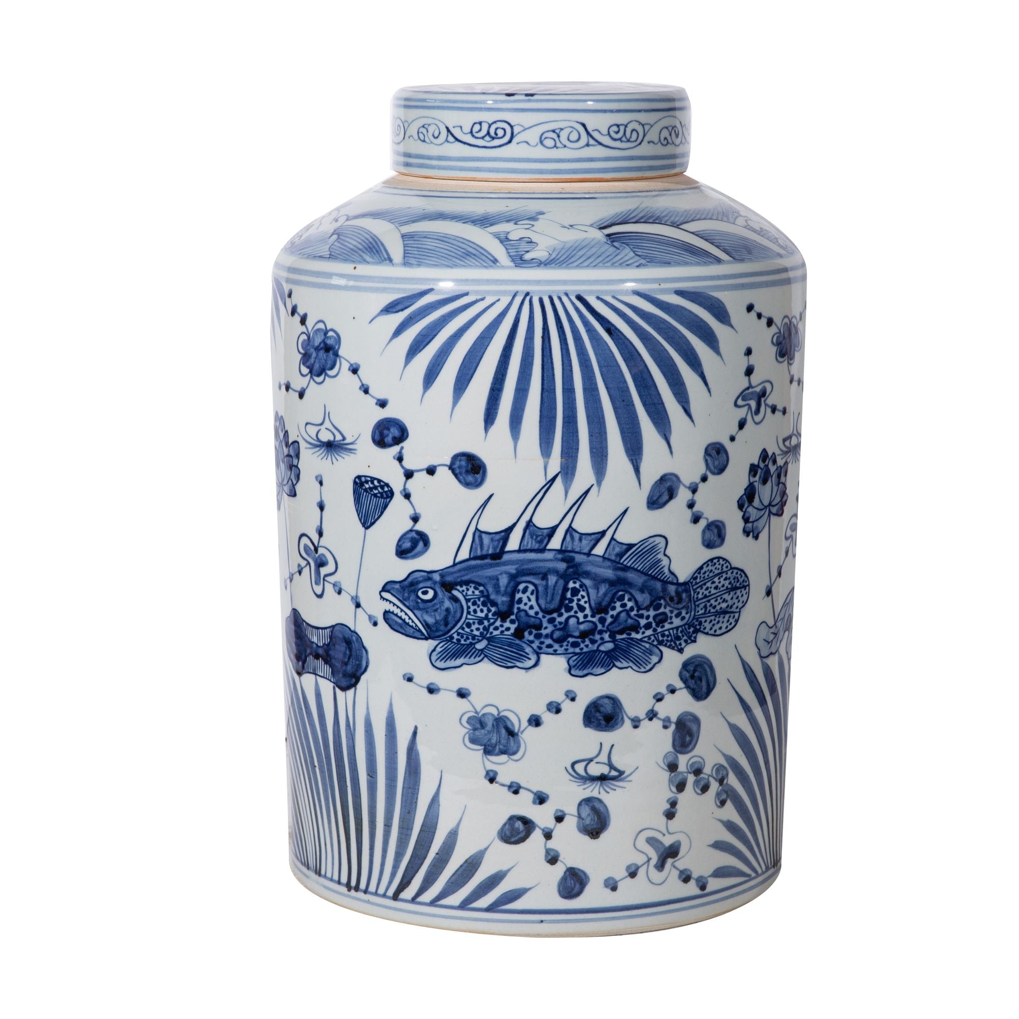 Legend of Asia Home Decor Legend of Asia Blue and White Large Tea Jar Fish Motif