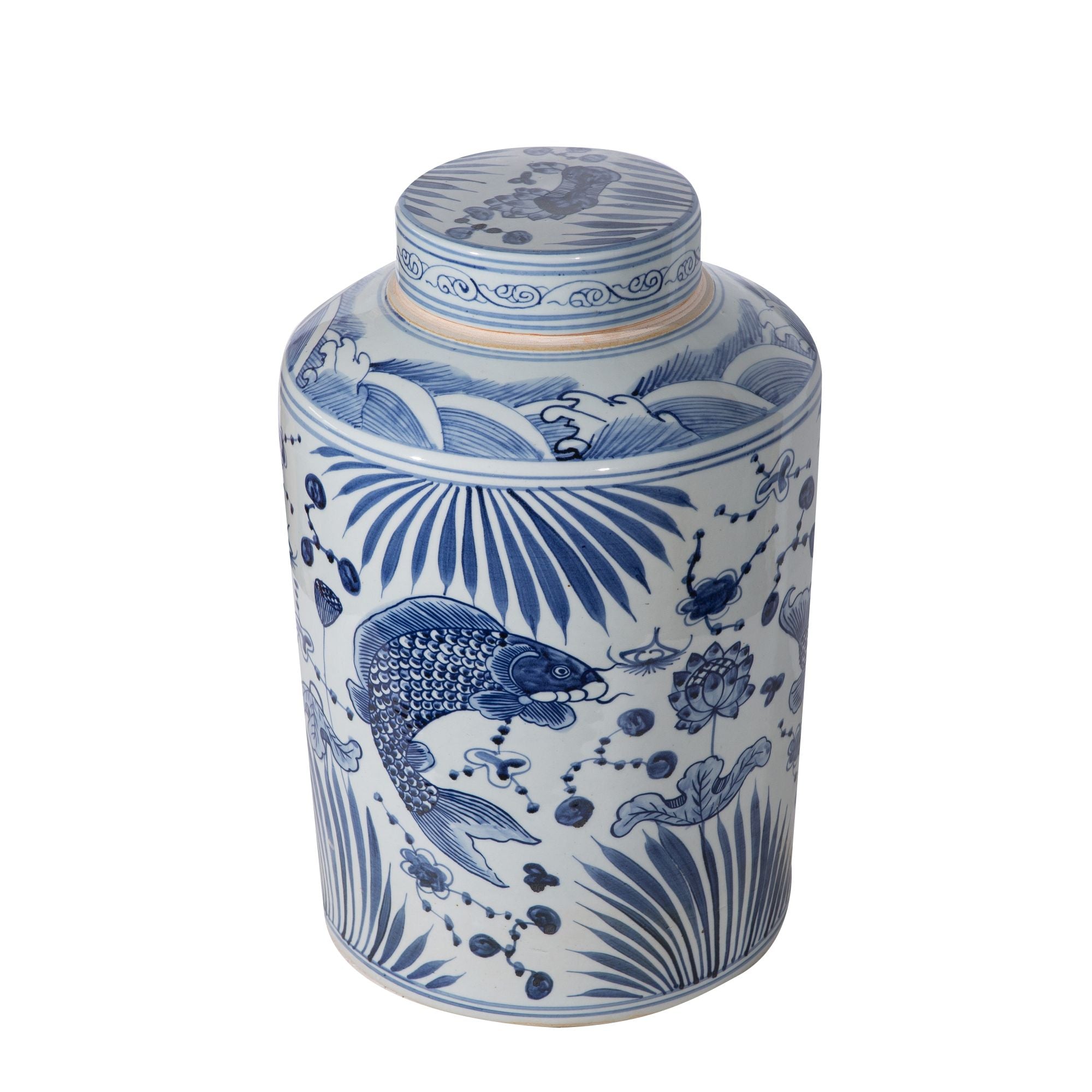 Legend of Asia Home Decor Legend of Asia Blue and White Large Tea Jar Fish Motif