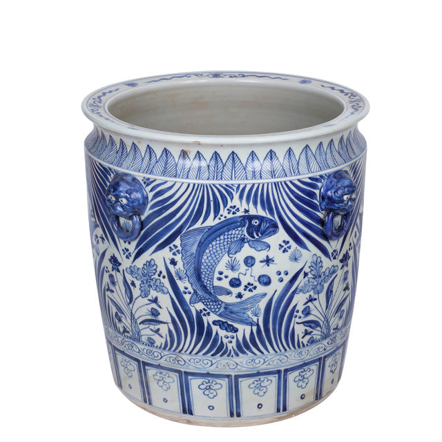 Legend of Asia Giftware Legend of Asia Blue And White Porcelain Fish Planter With Lion Handle