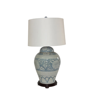 Legend of Asia Lighting Legend of Asia Blue And White Porcelain Lidded Peony Jar Lamp Wood Base