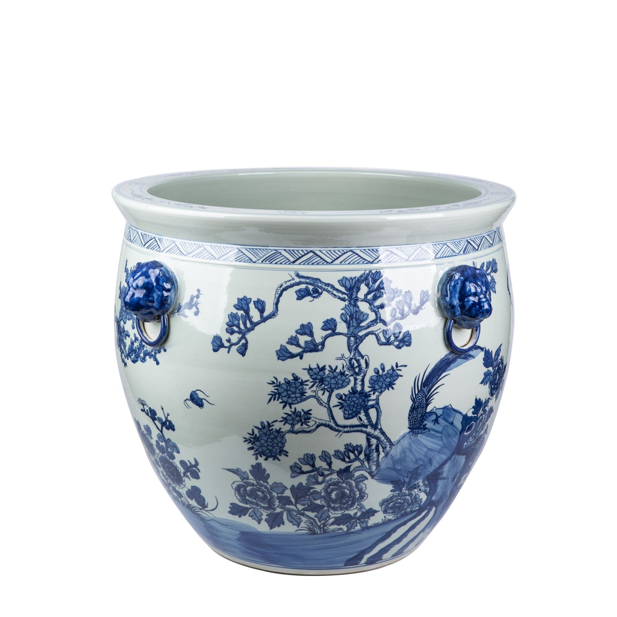 Legend of Asia Home Decor Legend of Asia Blue And White Porcelain Magnolia Pheasant Planter Lion Handle