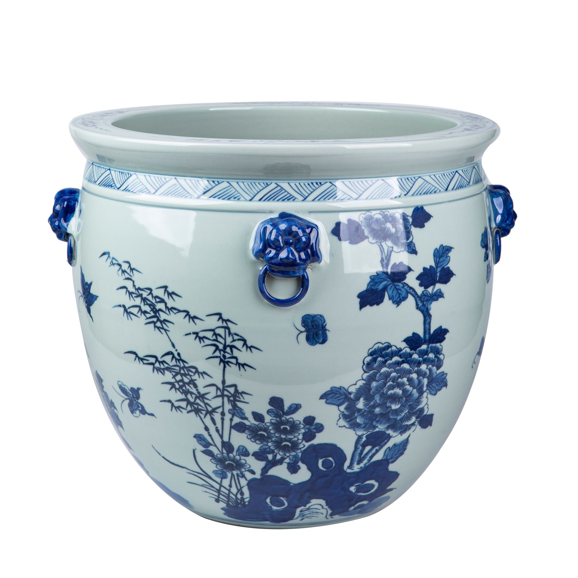 Legend of Asia Home Decor Legend of Asia Blue And White Porcelain Magnolia Pheasant Planter Lion Handle