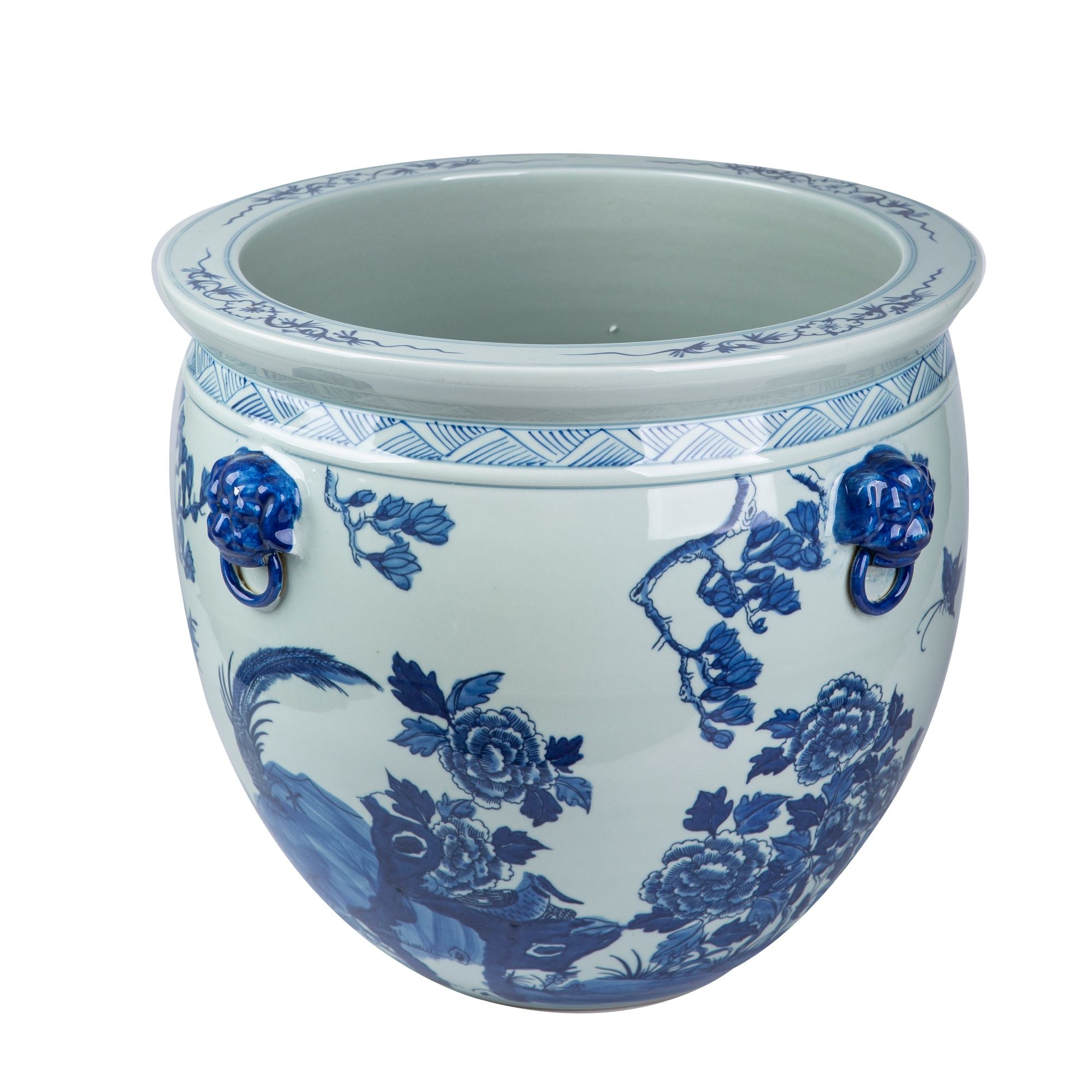 Legend of Asia Home Decor Legend of Asia Blue And White Porcelain Magnolia Pheasant Planter Lion Handle