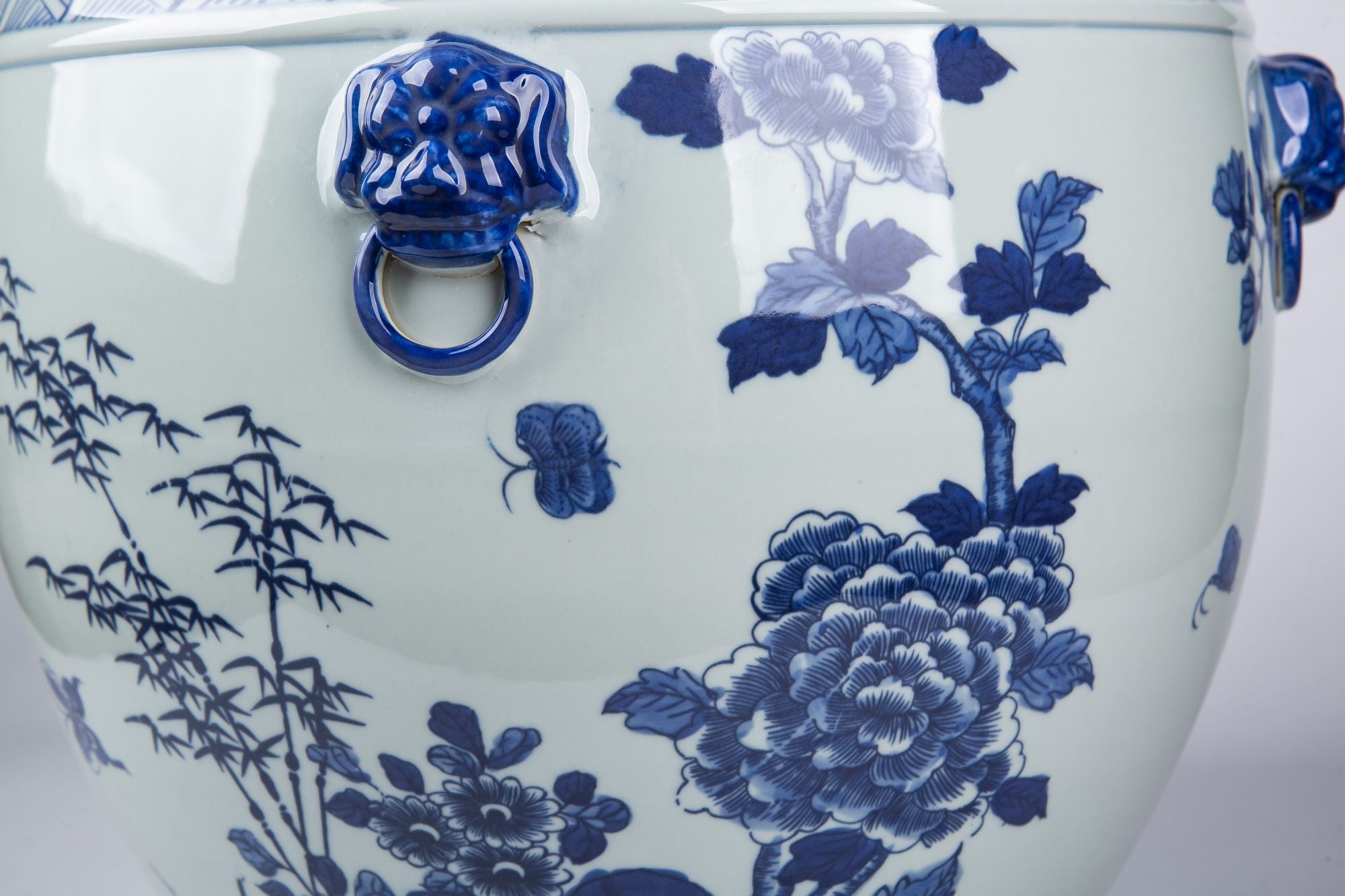 Legend of Asia Home Decor Legend of Asia Blue And White Porcelain Magnolia Pheasant Planter Lion Handle