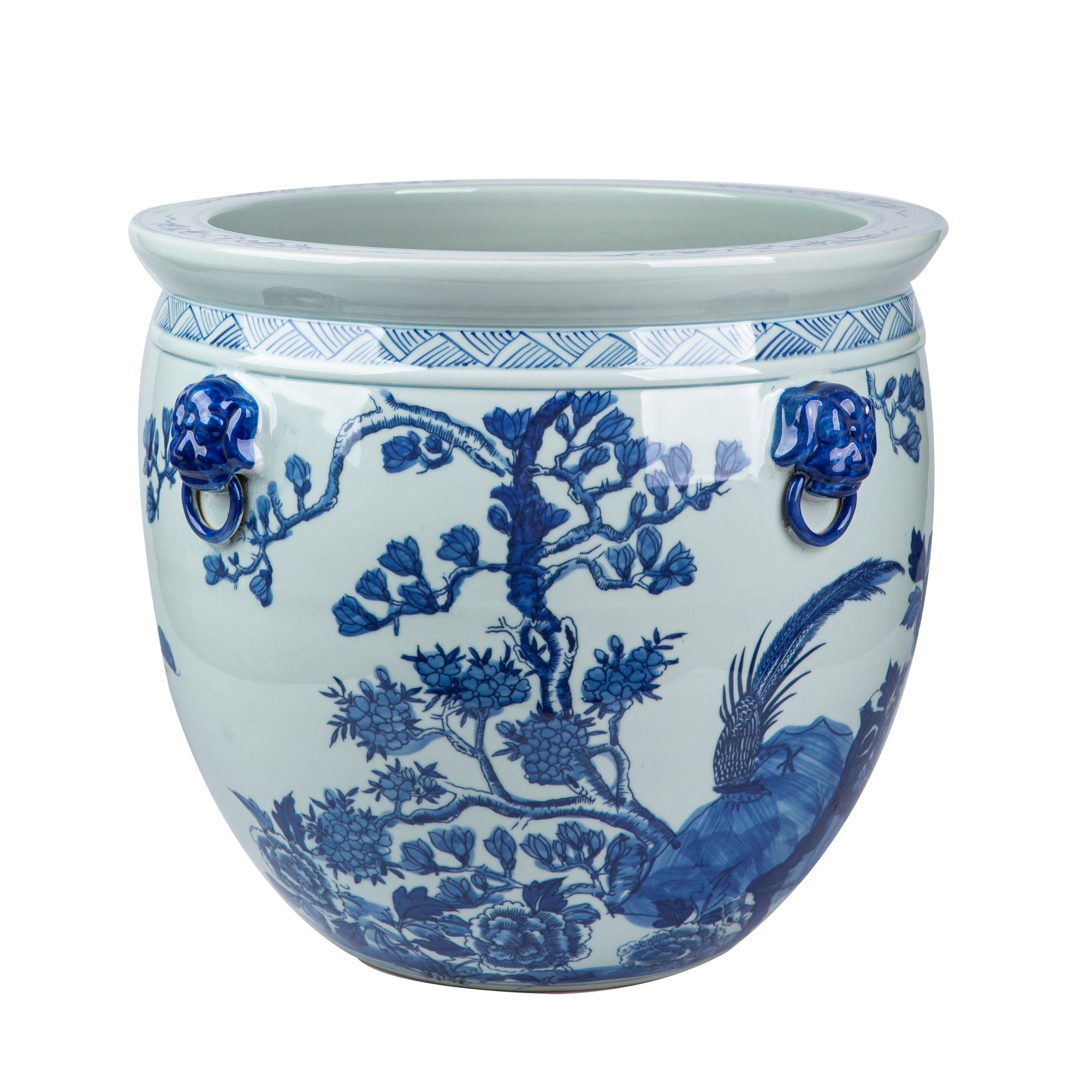 Legend of Asia Home Decor Legend of Asia Blue And White Porcelain Magnolia Pheasant Planter Lion Handle