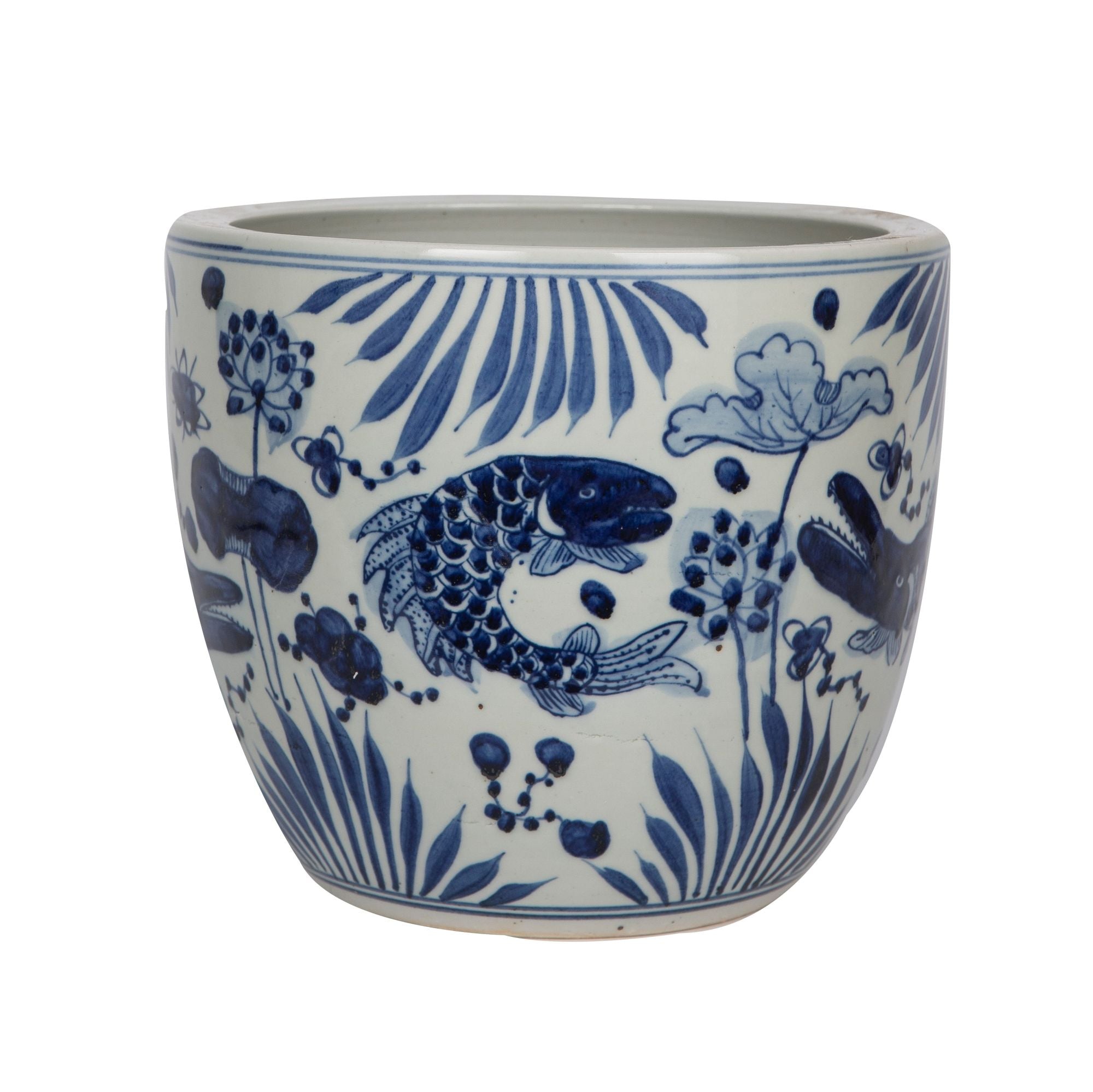 Legend of Asia Home Legend of Asia Blue And White Porcelain Planter Fish Lotus Motif
